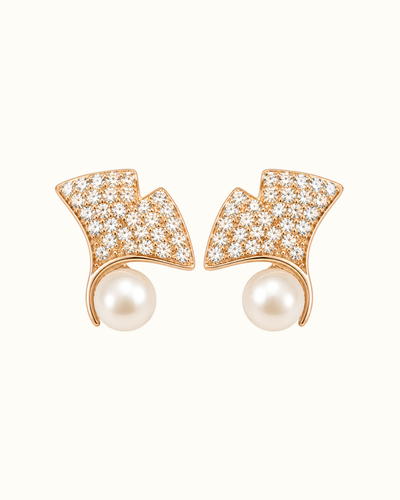 CZ Pavé Fan Pearl Stud Earrings in rose gold-plated sterling silver