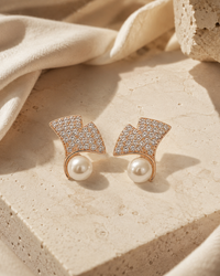 Close-up of CZ Pavé Fan Pearl Stud Earrings showing the pavé detailing