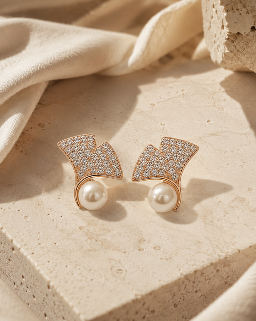 Close-up of CZ Pavé Fan Pearl Stud Earrings showing the pavé detailing