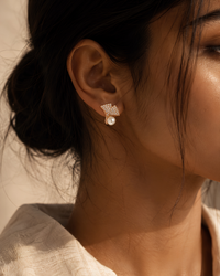 CZ Pavé Fan Pearl Stud Earrings worn on model