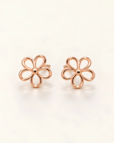 Close-up of Open Flower Stud Earrings showing the wireframe petal detailing