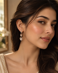 Tiered Circle Drop Earrings worn on model, alternate view