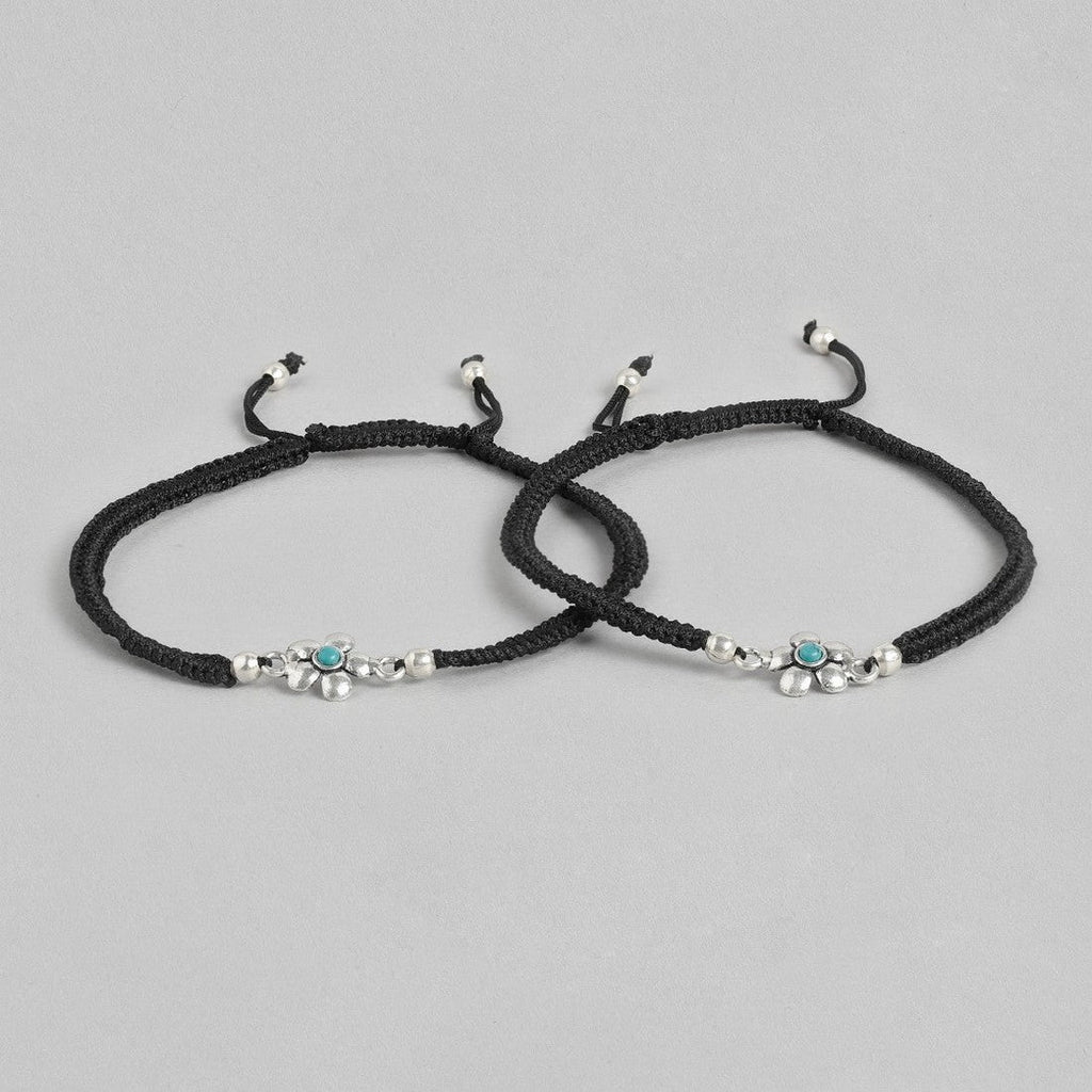 Floral Blue Rhodium Plated 925 Sterling Silver Thread Anklet