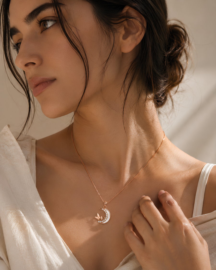 PD010 Crescent Moon Butterfly Pendant Necklace - lifestyle 3